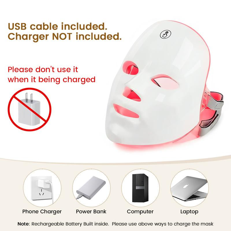 Red Light Therapy, 7 Color LED Light Face Mask, Photon Skin Rejuvenation for Daily Care, Cordless, Rechargeable, Ideal Gift for Women, Summer Gift Skincare Facial